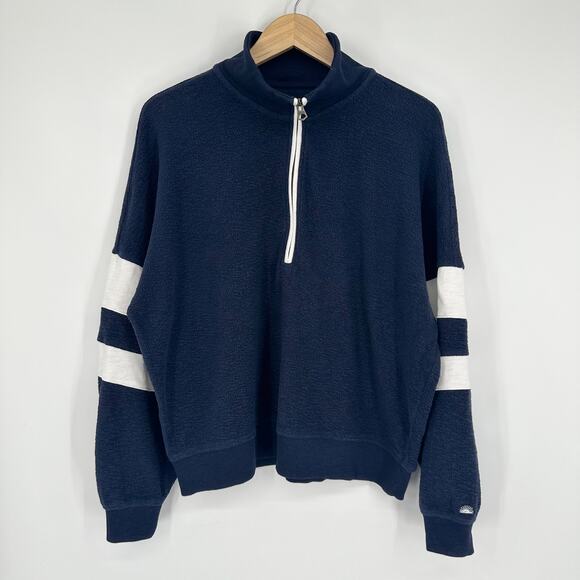 Faherty Beach Fleece Quarter Zip Sweatshirt Striped Jacket Navy Blue White - Picture 9 of 16